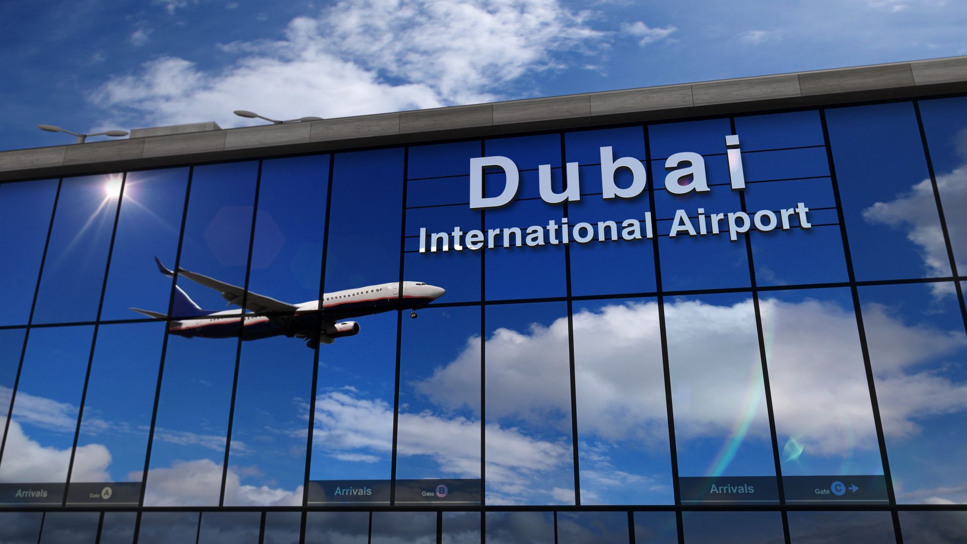 Dubai International Airport with airplane arriving, symbolizing international travel to Dubai