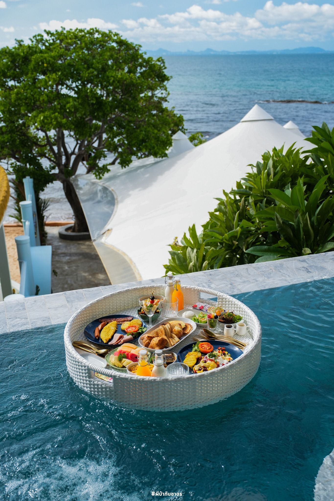 Floating tray of food in pool overlooking ocean and white building with tree.