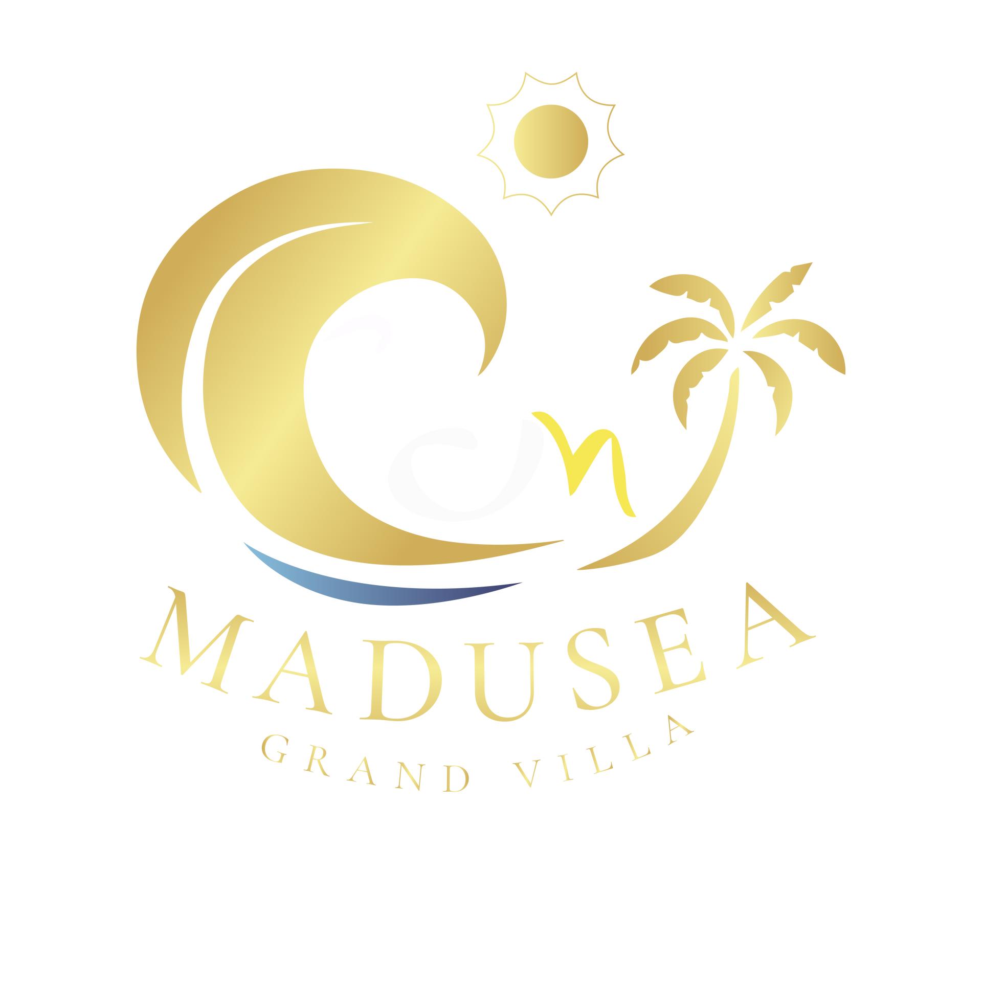 Golden logo: Wave, palm tree, sun, and