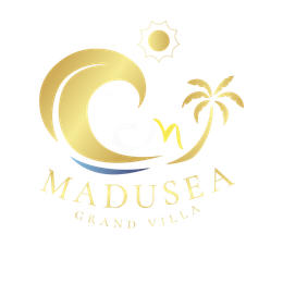 Golden logo: Wave, palm tree, sun, and