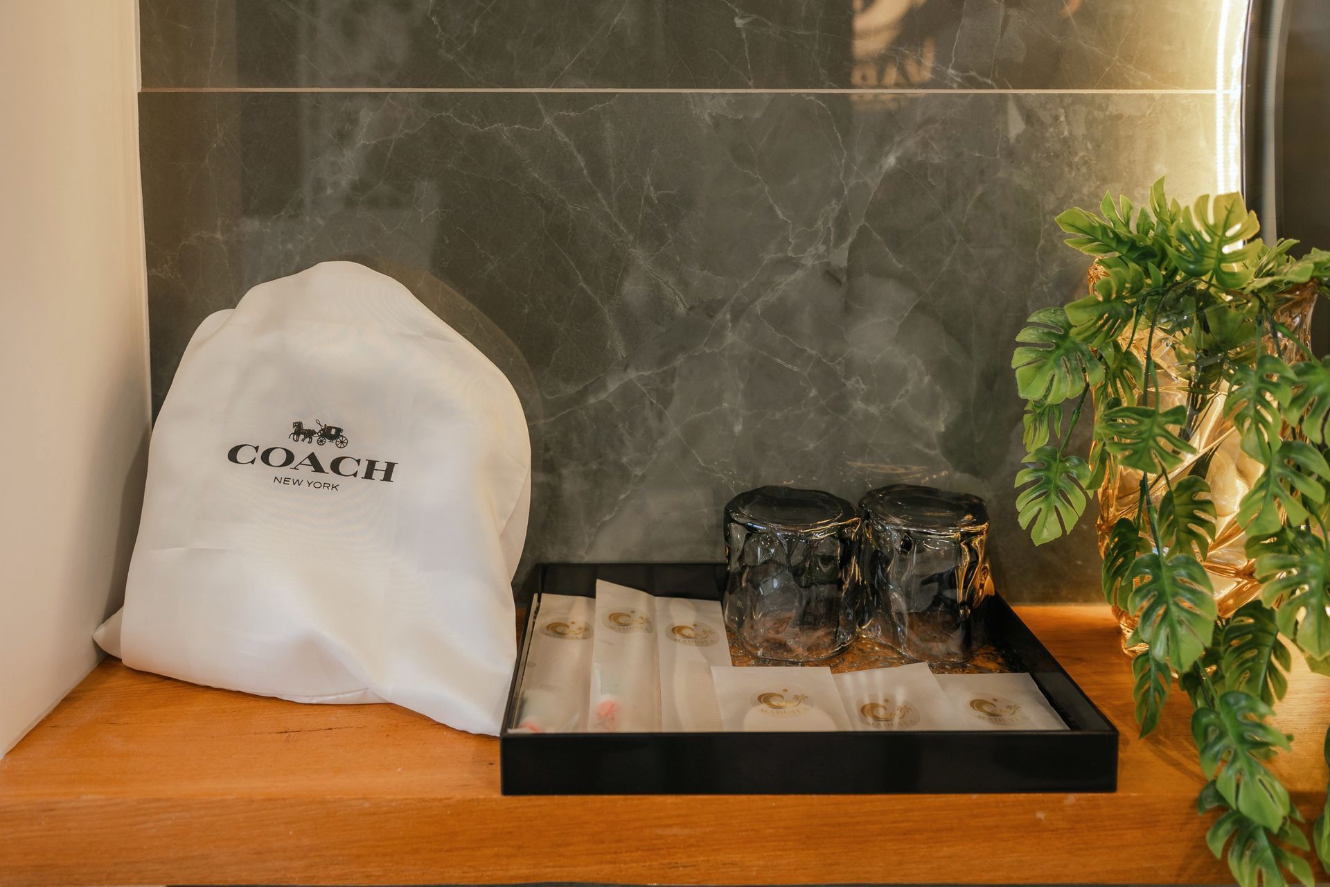 Coach bag, tray with glasses and amenities, and a plant on a wooden shelf in front of a marble wall.