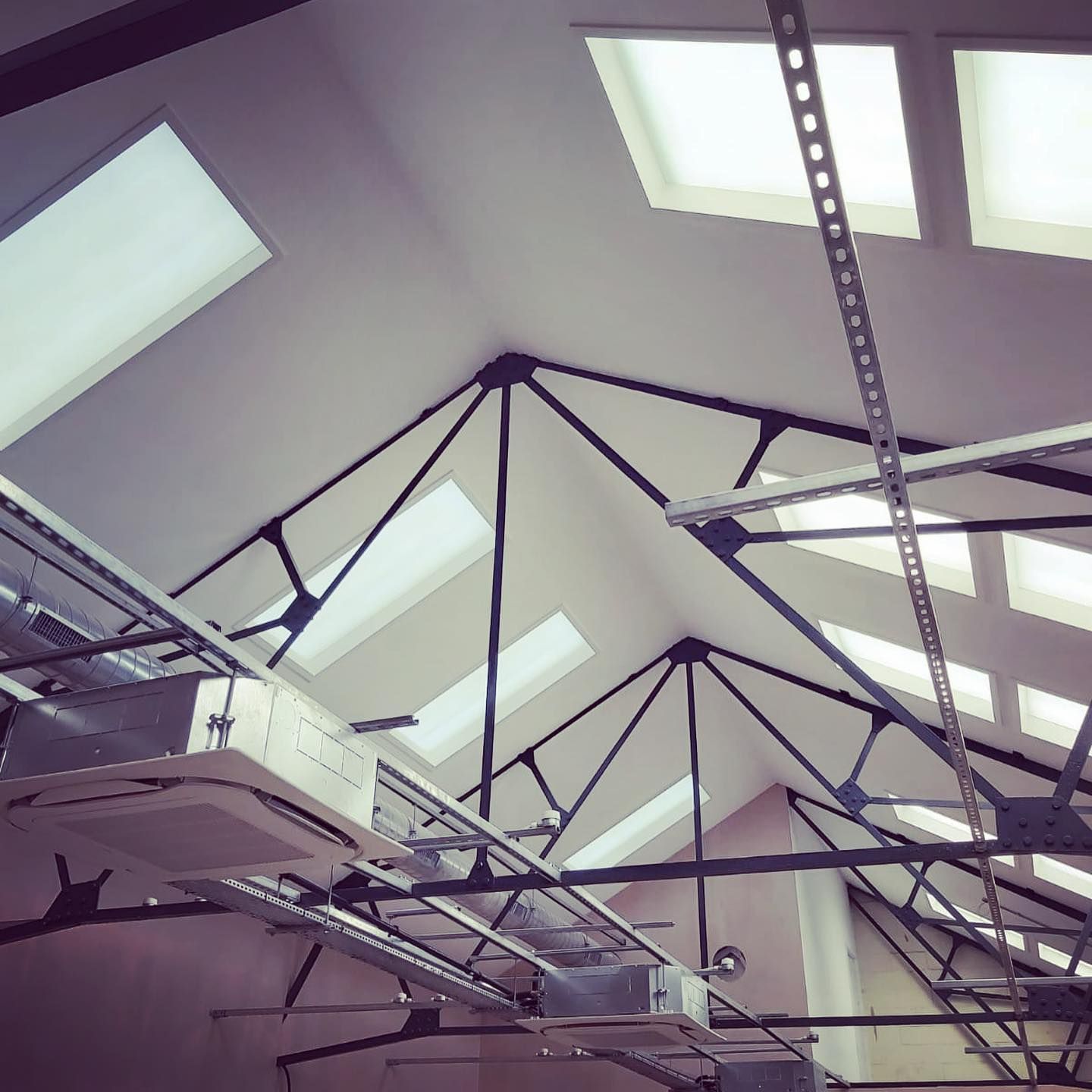 Interior shot of a high ceiling with skylights. Exposed metal beams and support structures.