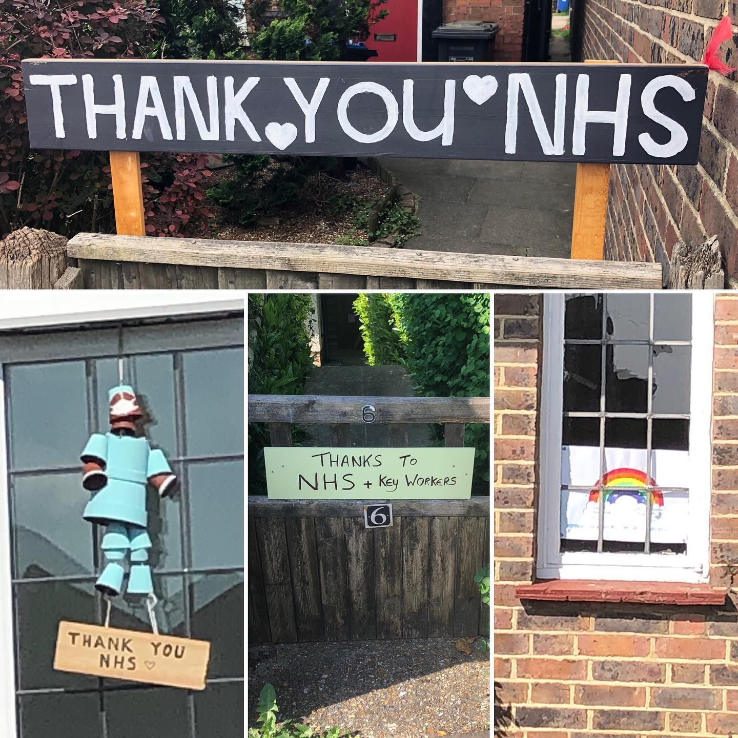Signs and decorations thanking the NHS: a sign, a window display, and a rainbow in a window.