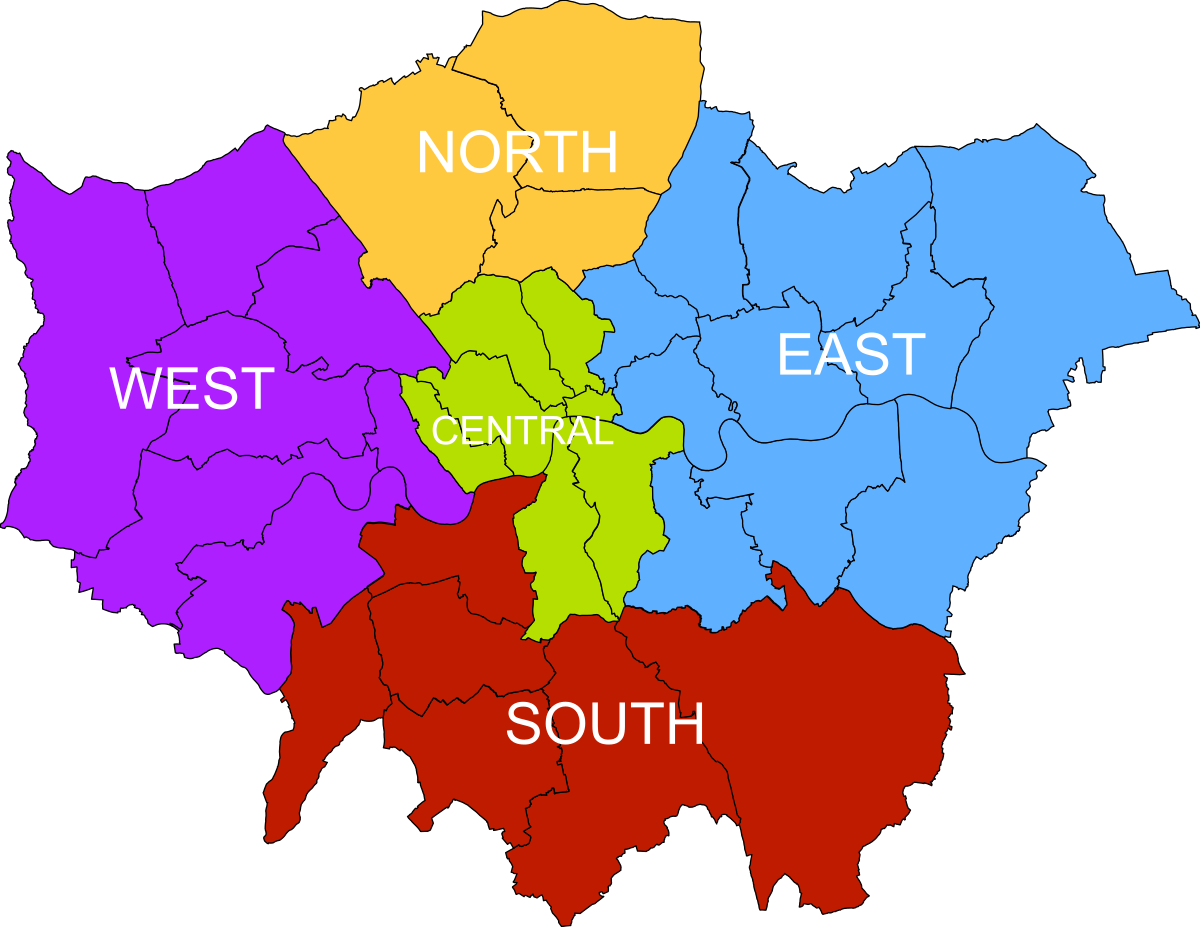 A map of london divided into north east and south