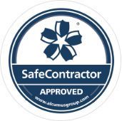 A safe contractor approved sticker with a blue flower in a circle.