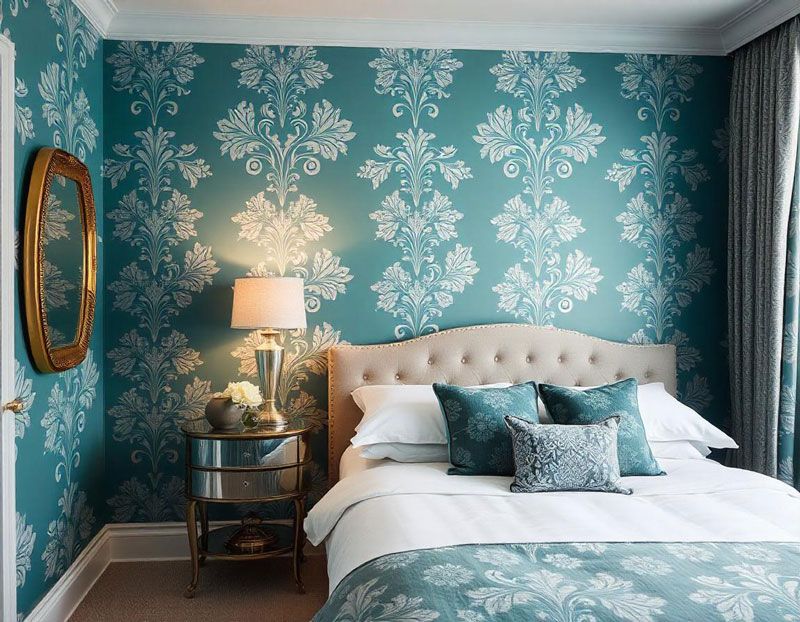 A bedroom with a bed , nightstand , lamp and mirror.