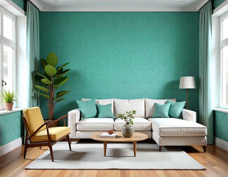A living room with a couch , chair , coffee table and green walls.