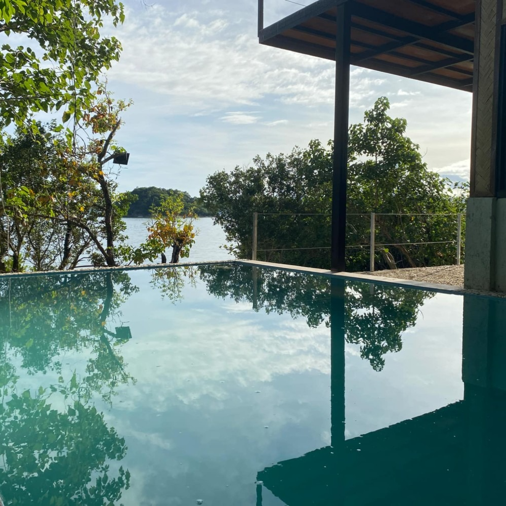 A swimming pool with a view of a lake and trees