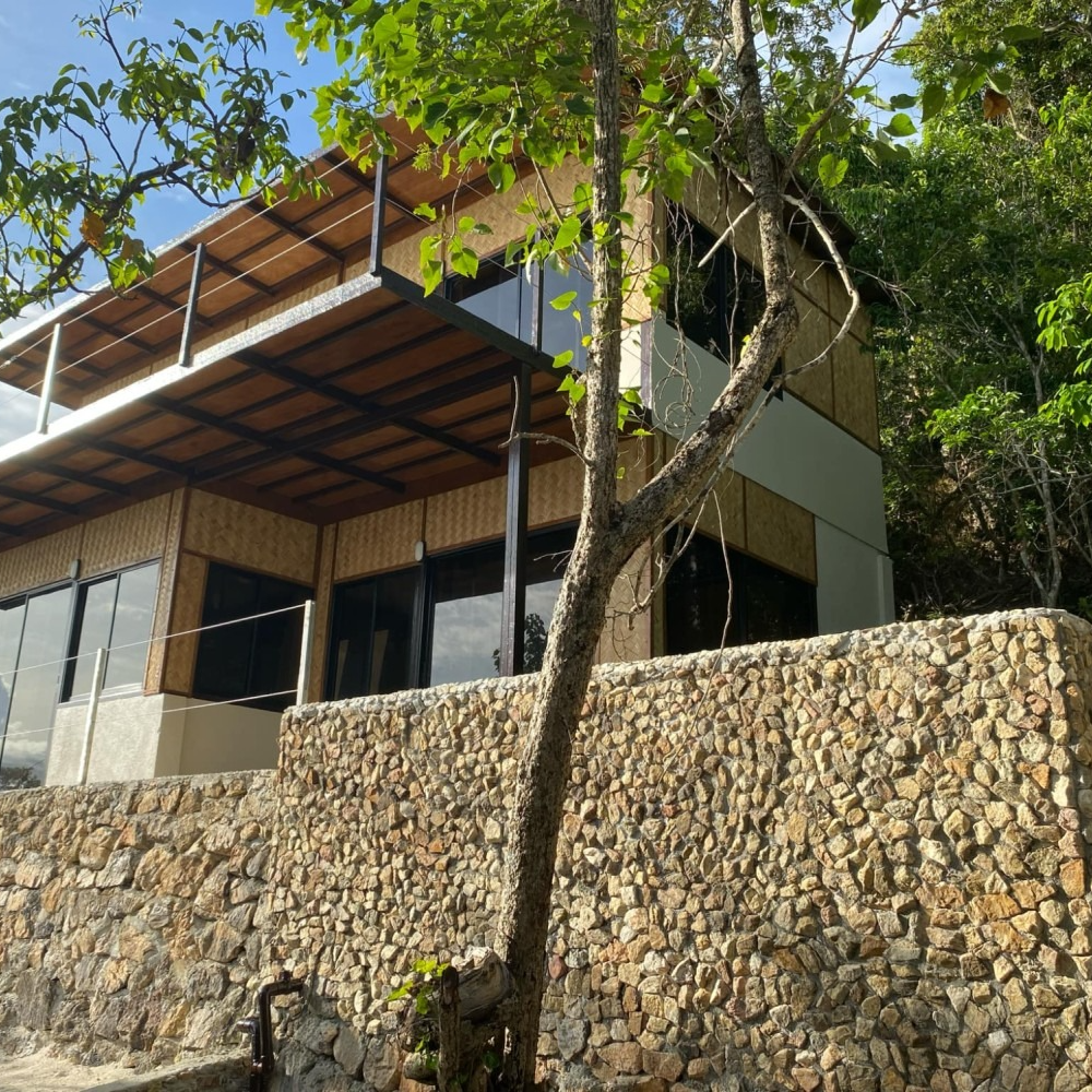 A house with a stone wall and a tree in front of it