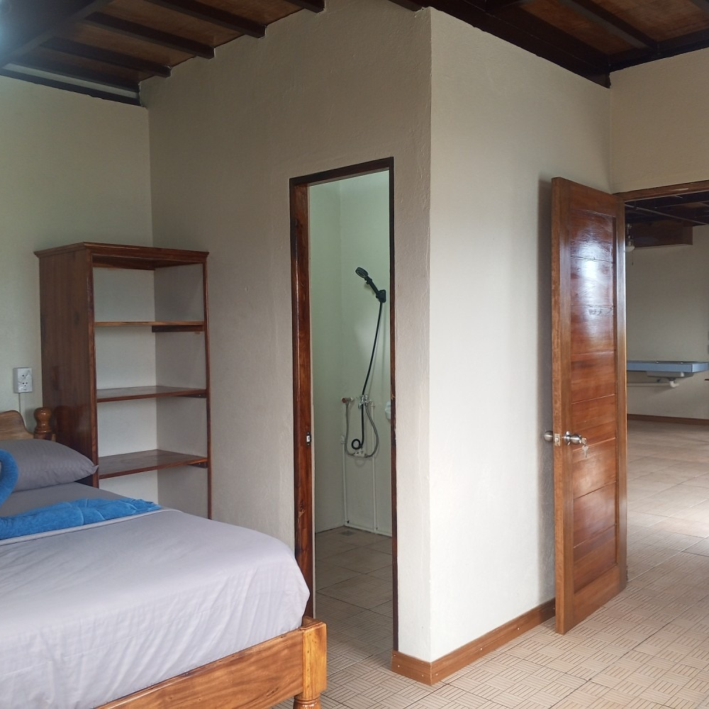 A bedroom with a bed and a door that leads to a bathroom