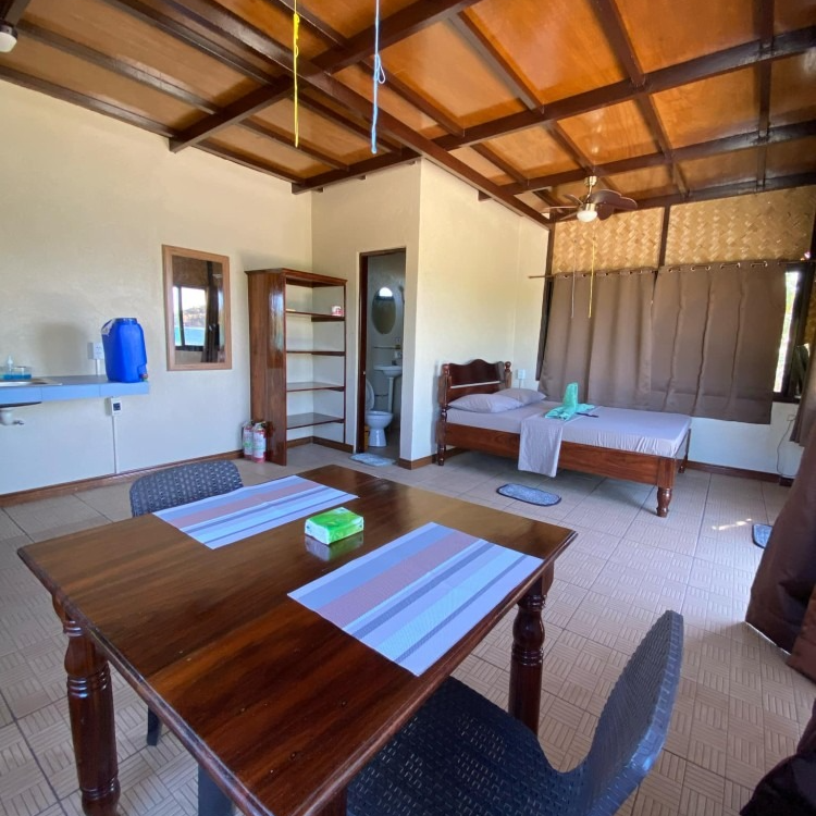 A room with a table and chairs and a bed