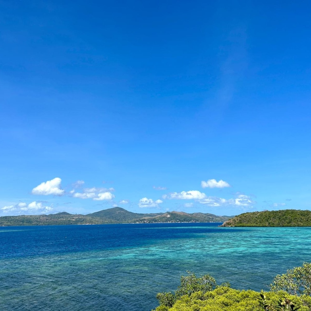 A view of a large body of water with mountains in the background.