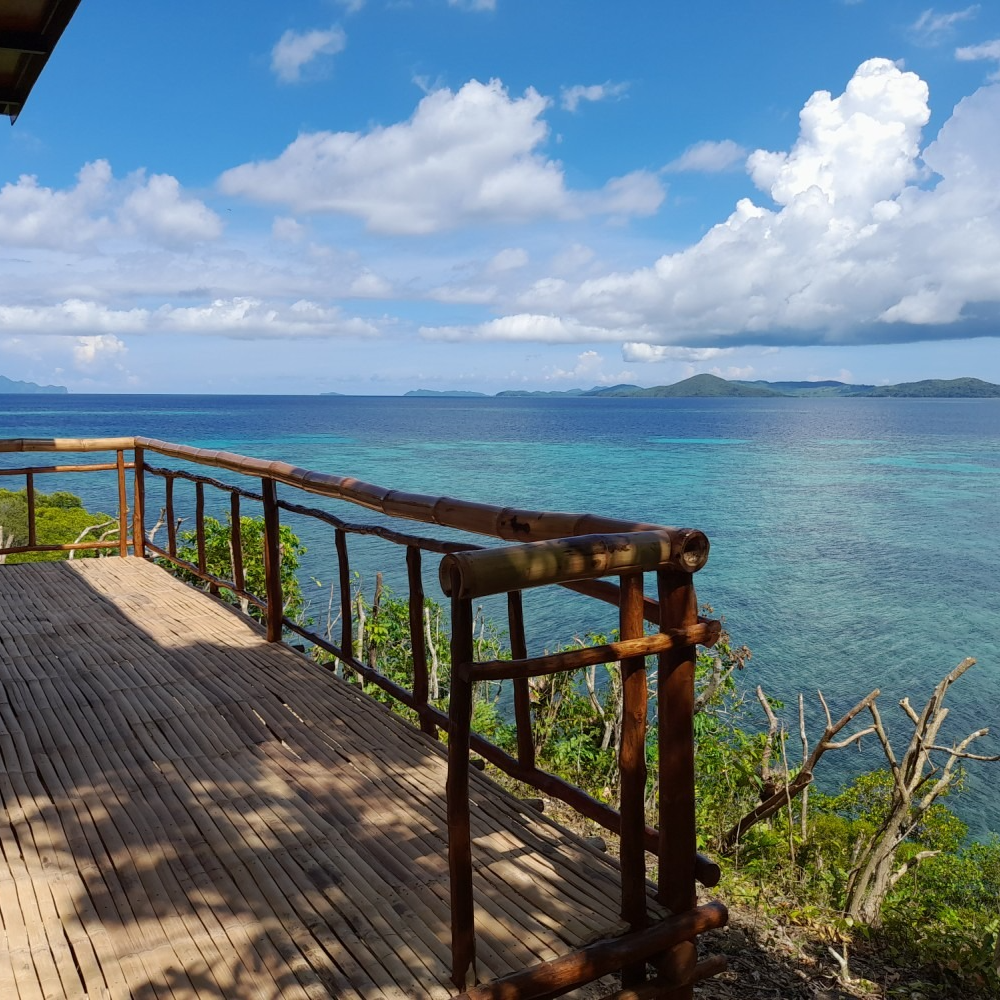 A wooden deck overlooking a body of water