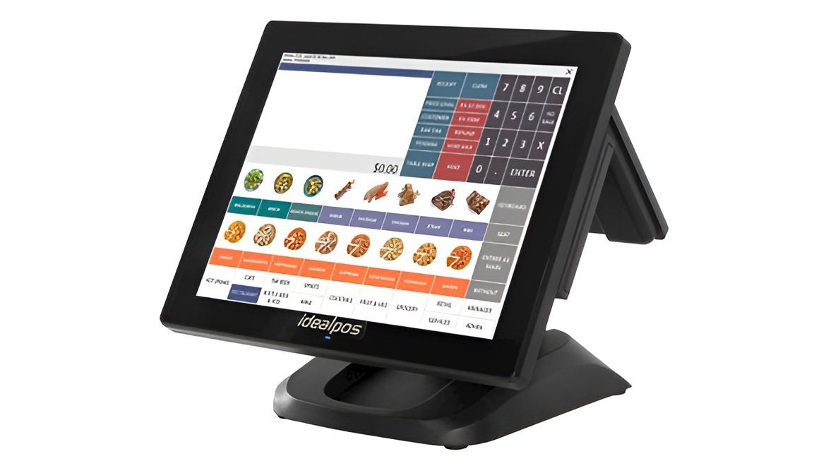 Black point-of-sale (POS) touchscreen terminal with a food ordering interface displayed. The screen is angled upwards on a stand — Coastal Registers & POS In Tweed Heads, NSW