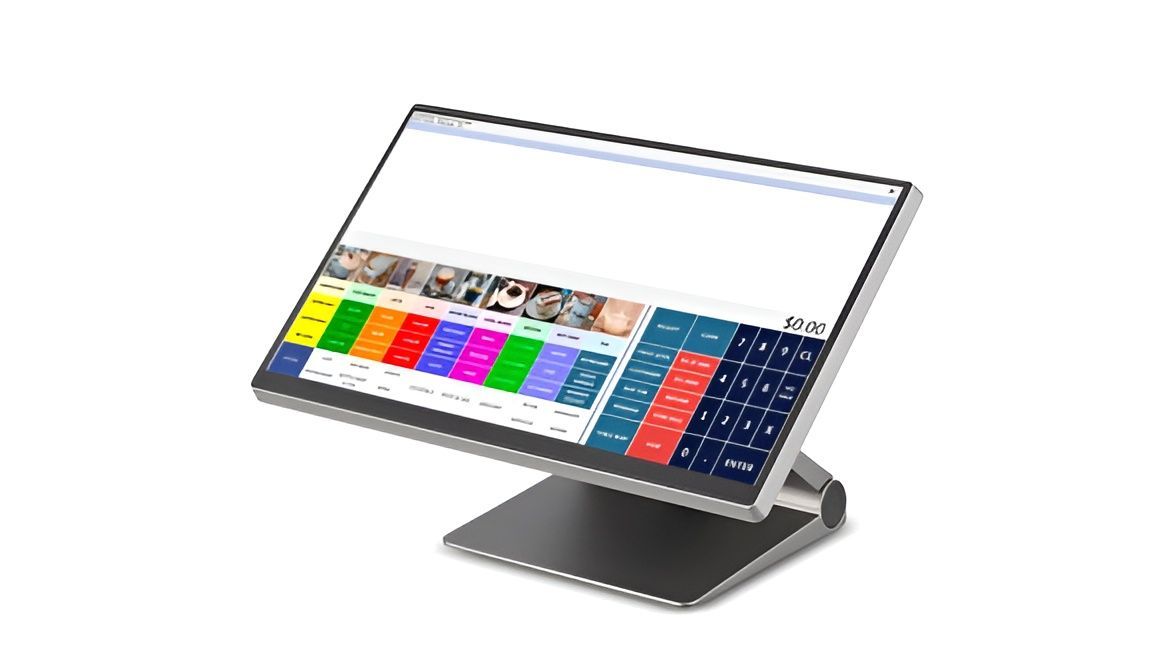 Point-of-sale touchscreen display tilted on a stand. It shows a colourful grid with product images and a calculator — Coastal Registers & POS In Tweed Heads, NSW