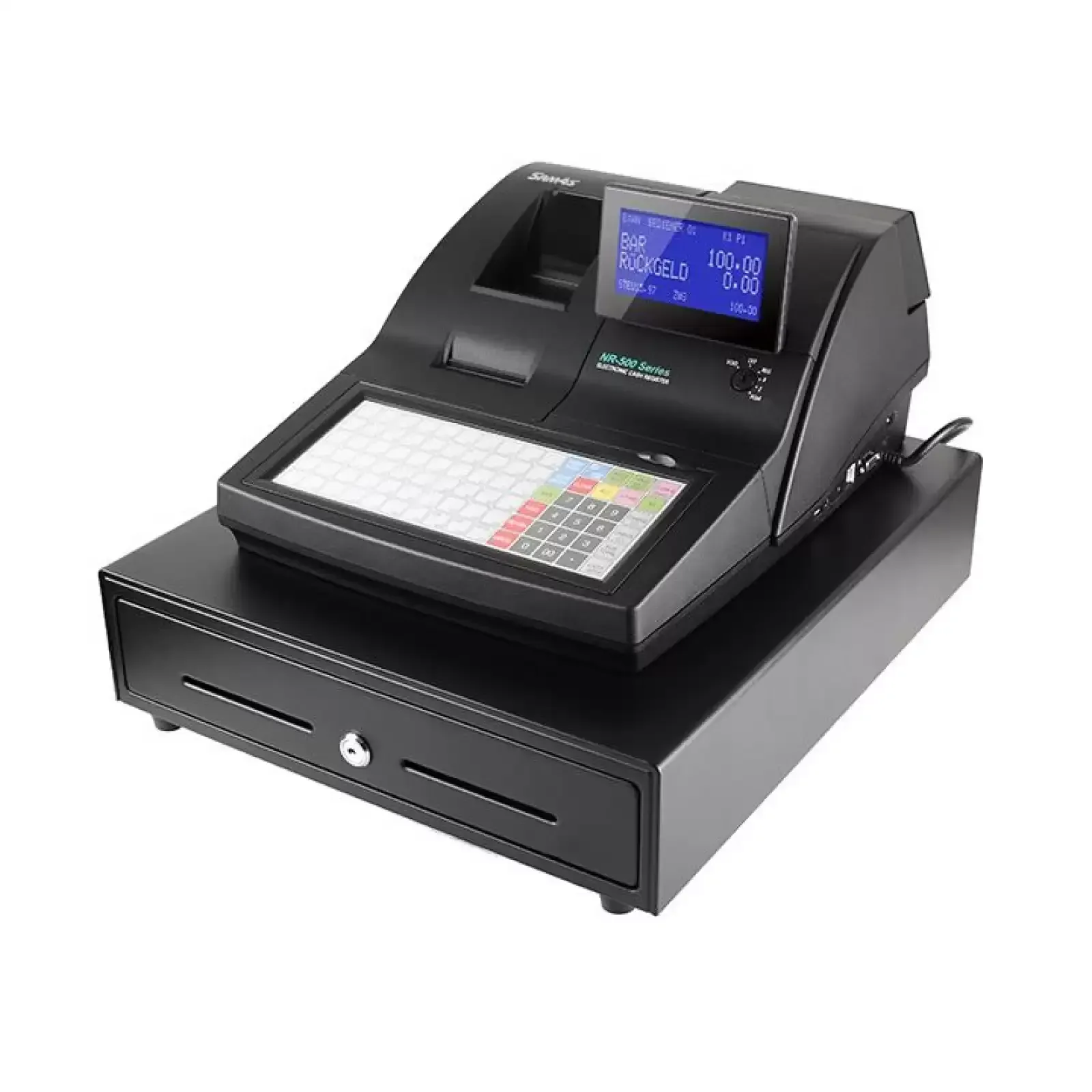 Black cash register with a drawer open, a small display, and a paper roll — Coastal Registers & POS In Tweed Heads, NSW
