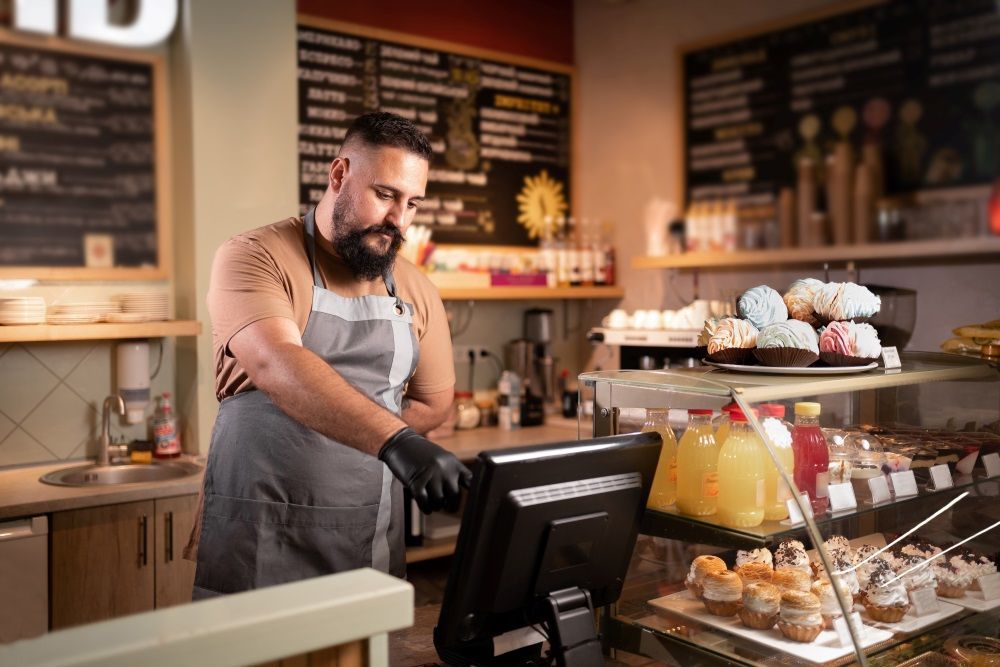 A Man Is Standing In Front Of A Computer In A Bakery — Coastal Registers & POS In Murwillumbah, NSW