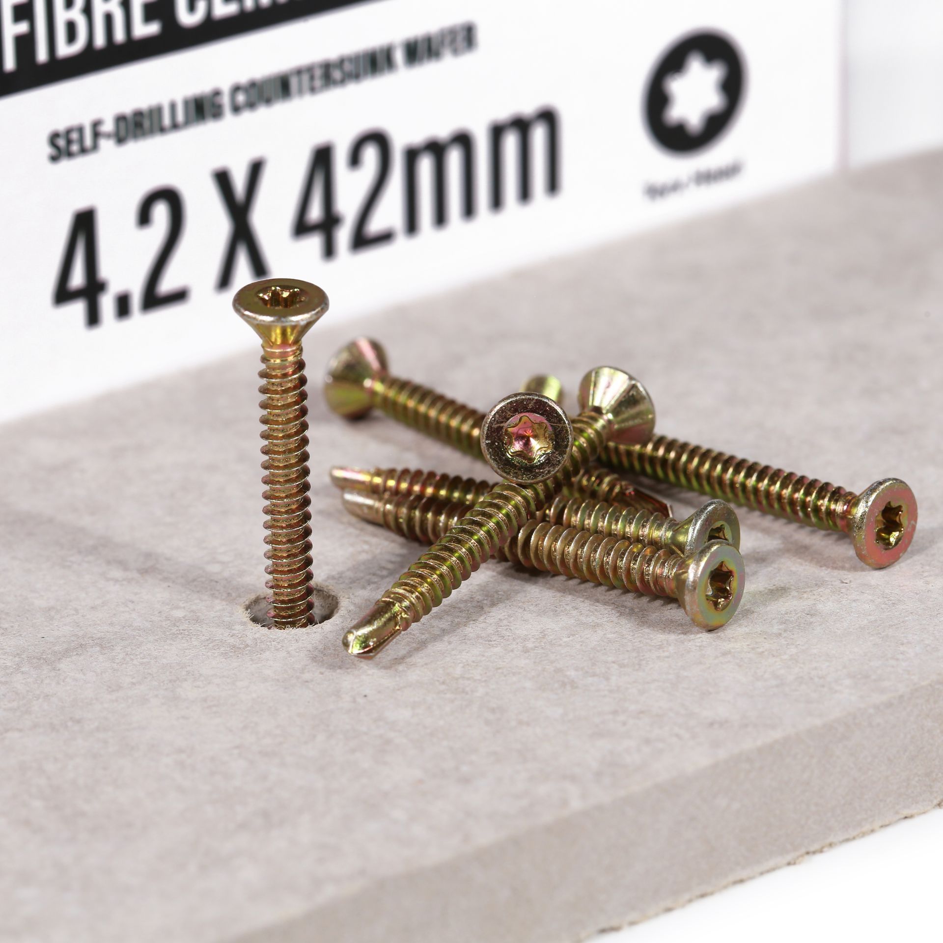 A box of 4.2 x 42mm self drilling countersunk screws