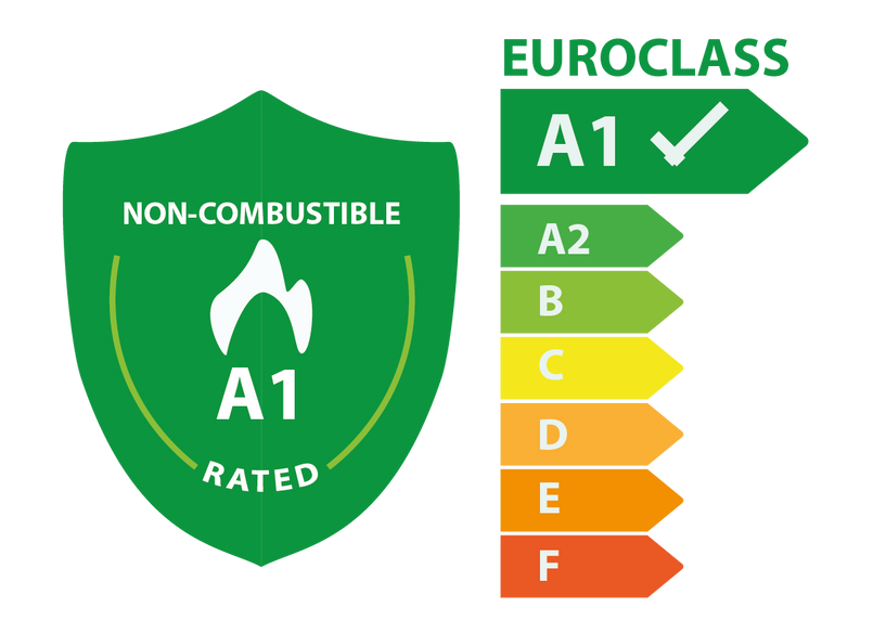 A green shield that says non-combustible and euroclass