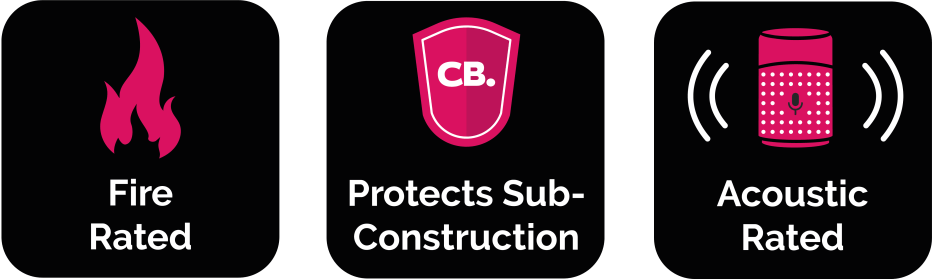 A fire rated , protects sub construction , and acoustic rated icon.