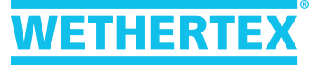 A blue and white logo for wethertex on a white background