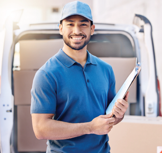 Delivery driver in blue uniform smiles, holding clipboard, boxes in van.