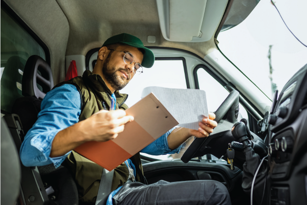 Delivery driver inside a van, looking at paperwork. He wears a green cap, vest, and blue shirt.