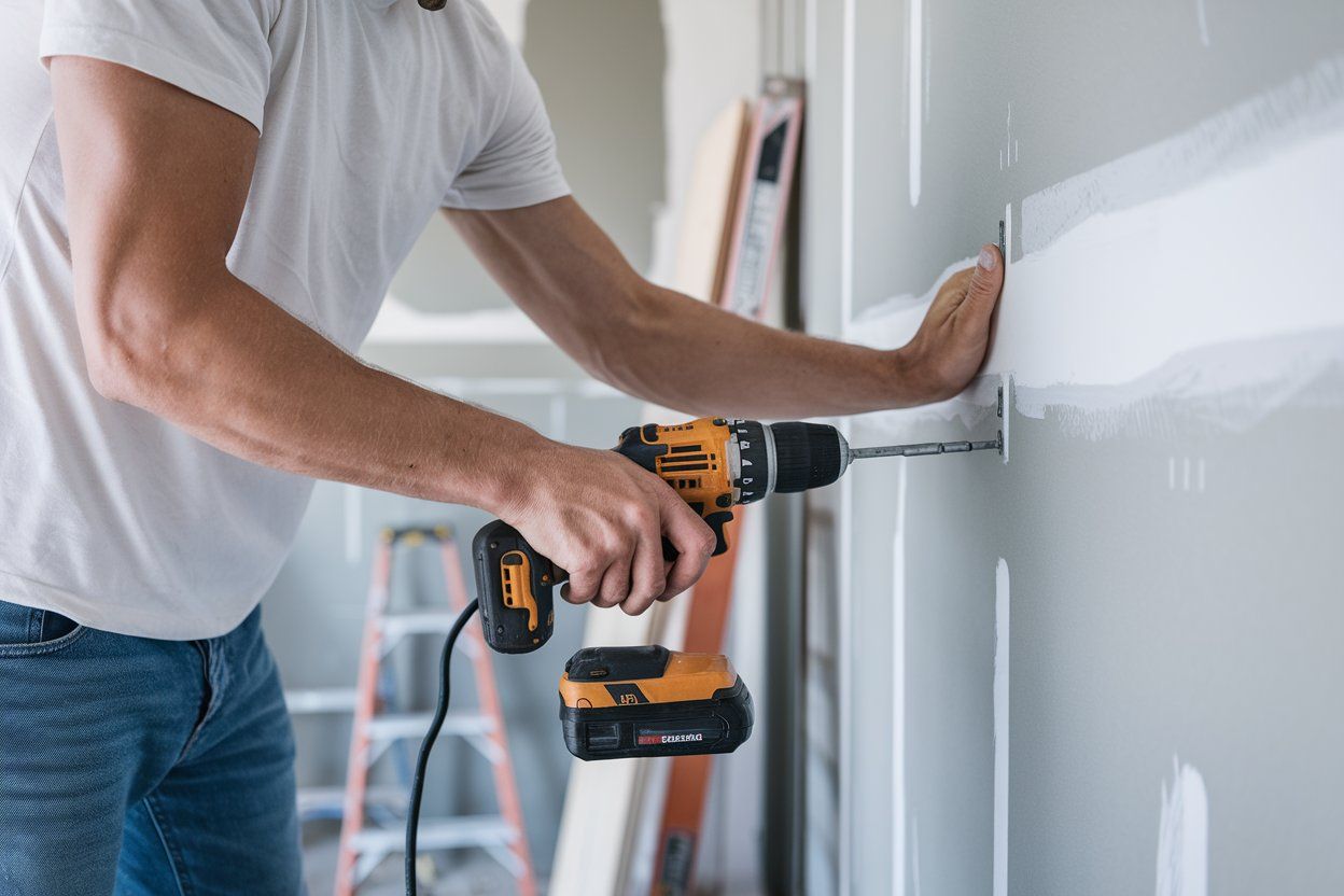 A man is using a drill to drill a hole in a wall.