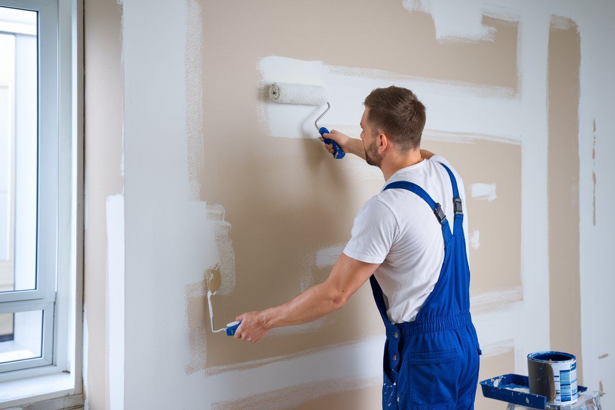 A man is painting a wall with a roller.