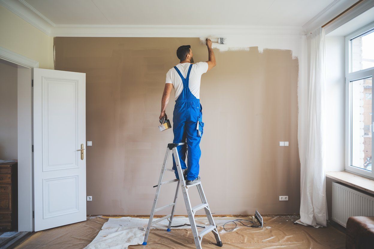 A man is standing on a ladder painting a wall.