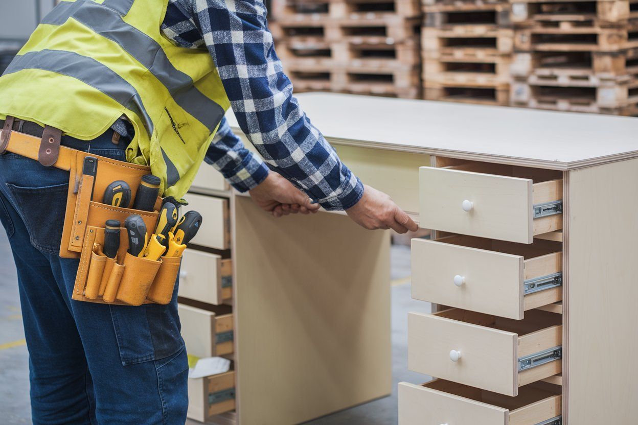 A man is opening a drawer on a desk in a warehouse.