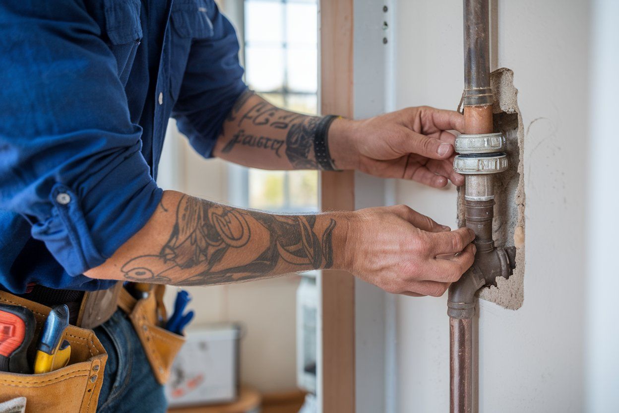 A man with tattoos is fixing a pipe on a wall.