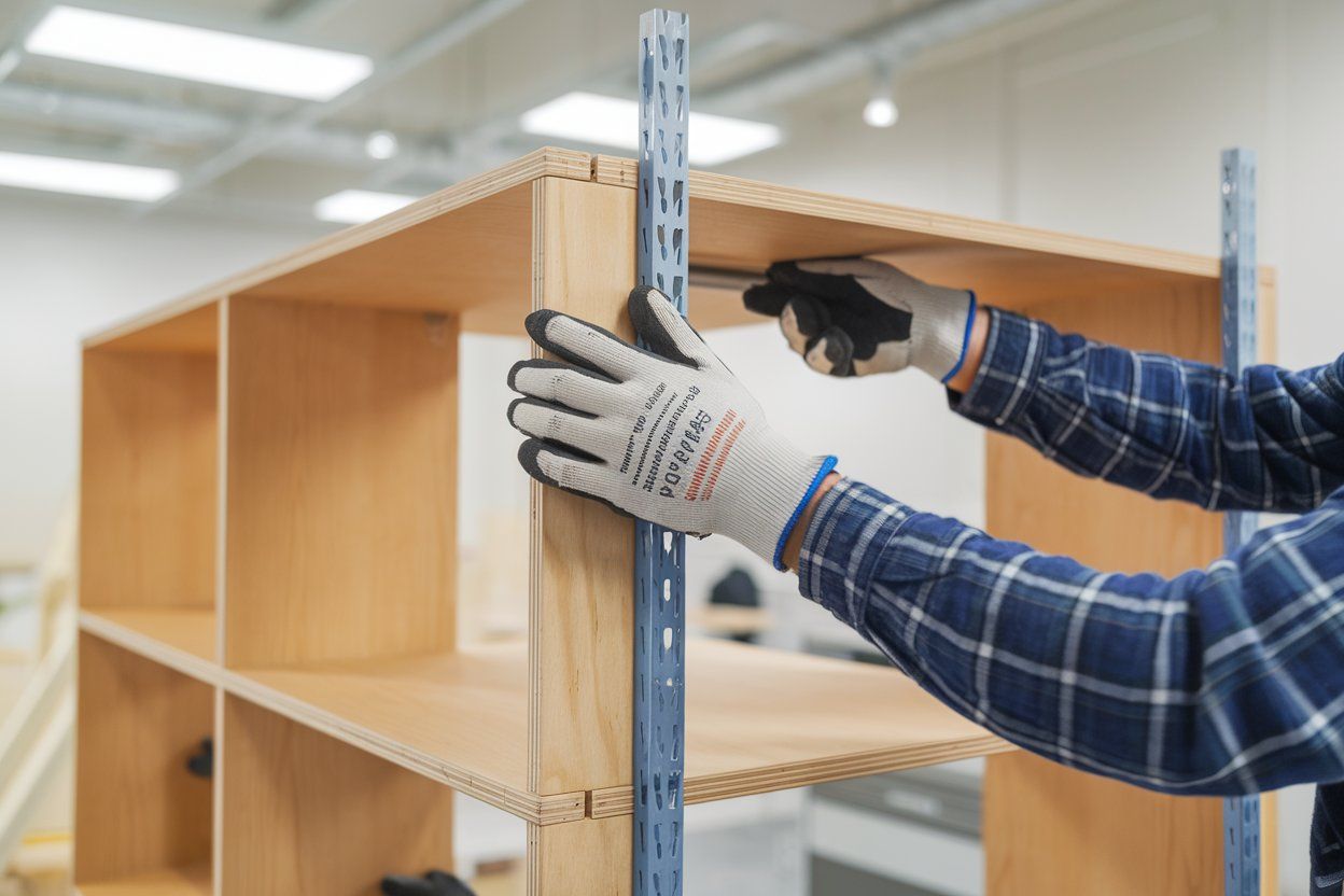 A man wearing gloves is working on a wooden shelf.