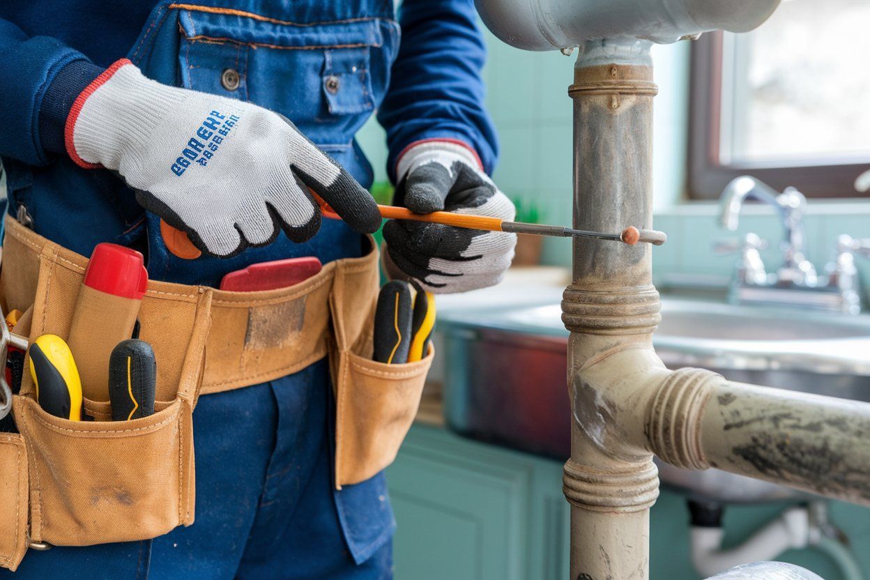 A plumber is fixing a pipe with a screwdriver in a kitchen.