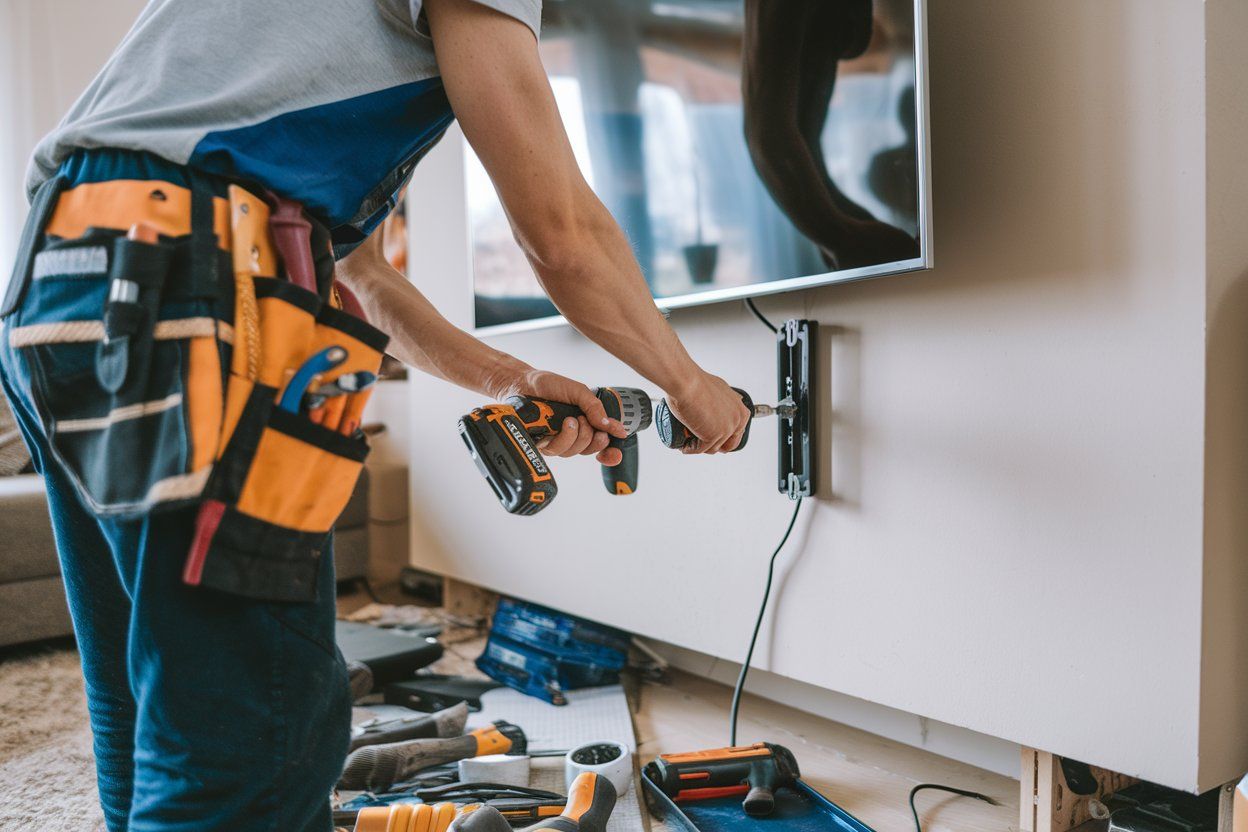 A man is installing a flat screen tv on a wall.