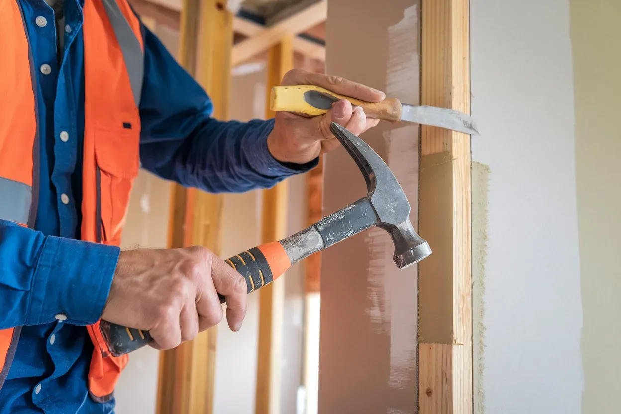 A man is holding a hammer and a measuring tape.