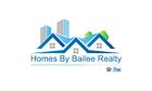 Homes By Bailee Realty logo: Blue rooftops over white houses, city buildings in the background, green trees, and building