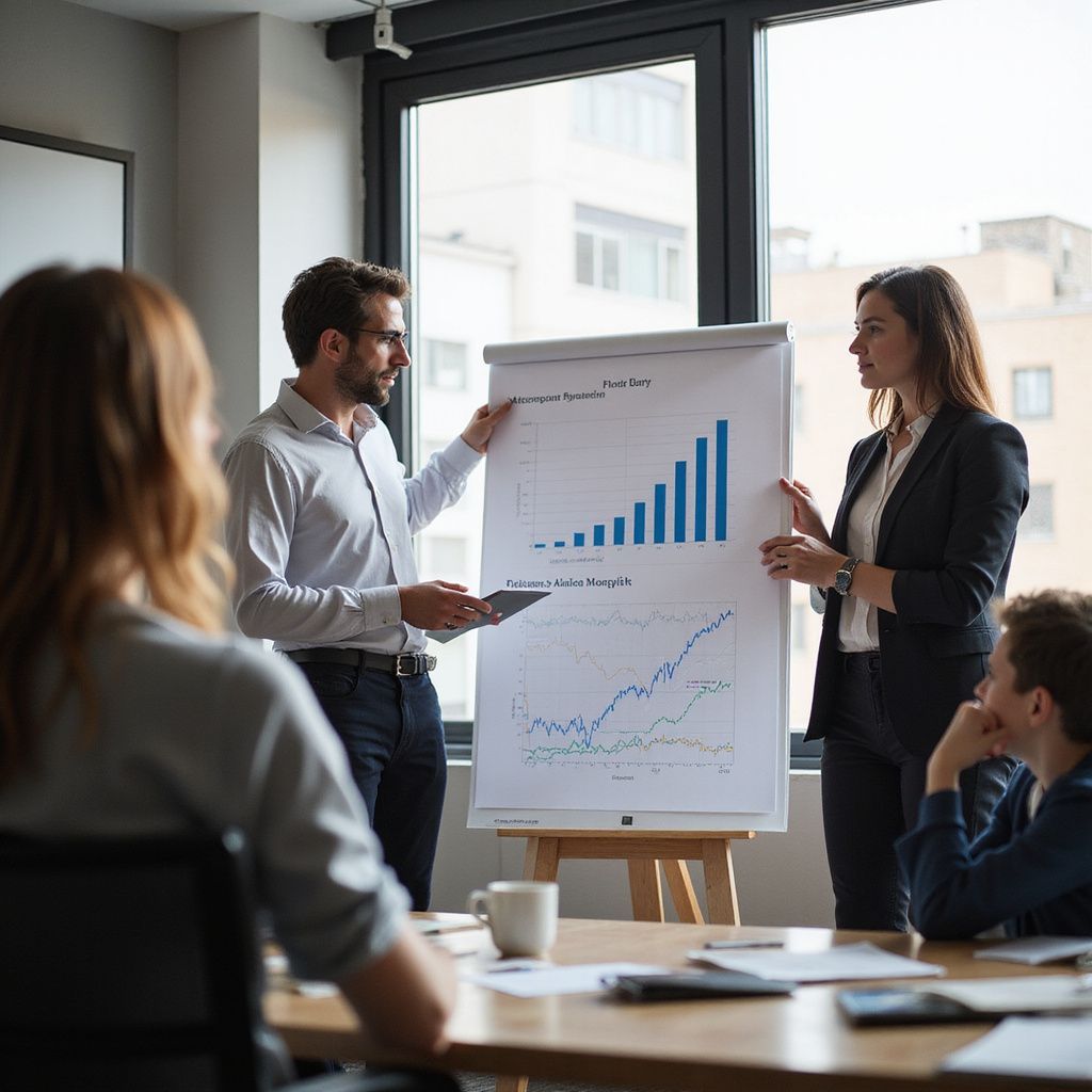 Business colleagues in a meeting, analyzing charts on a whiteboard.