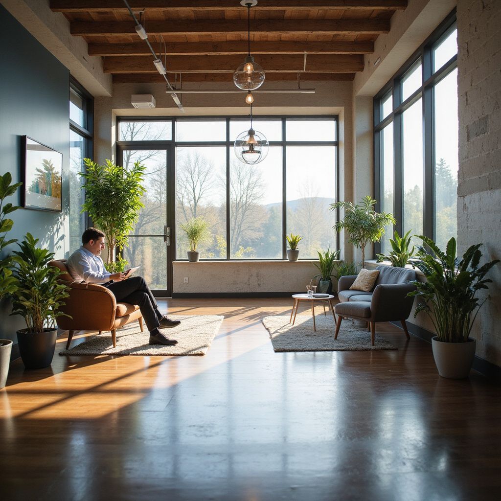 Man sits in a sunlit room, using a laptop. Plants, sofa, and large windows are present.