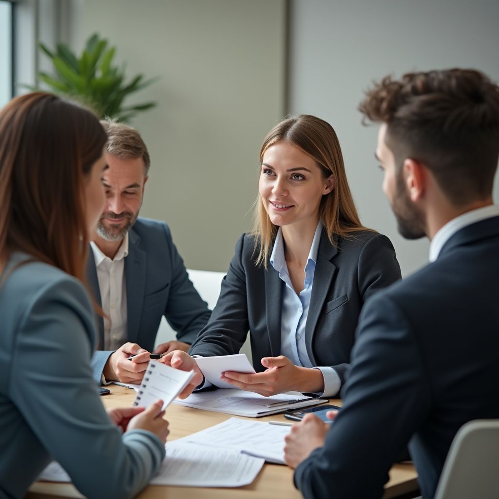 Four business professionals in suits at a table reviewing documents, discussing ideas.