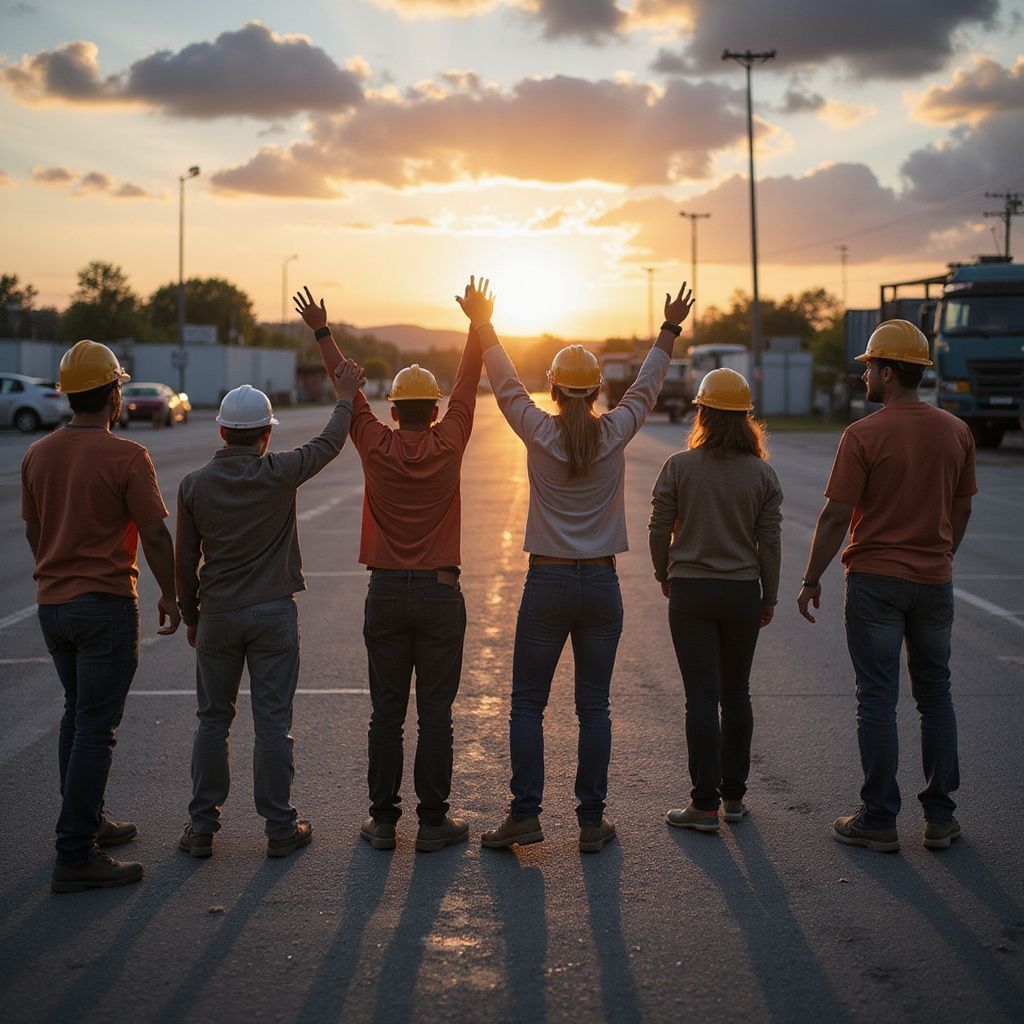 Construction workers with raised arms celebrate a sunset.