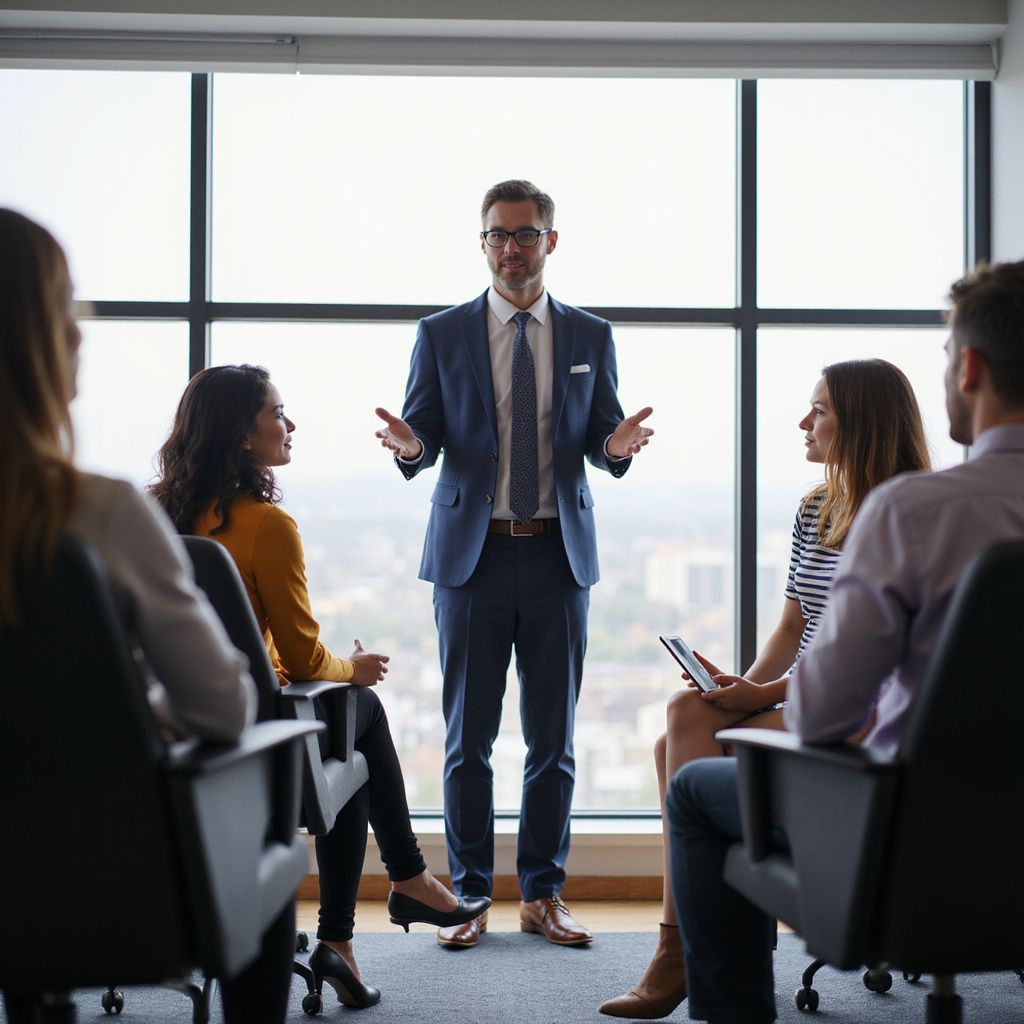 Man in suit leads a presentation to a seated group near a large window.