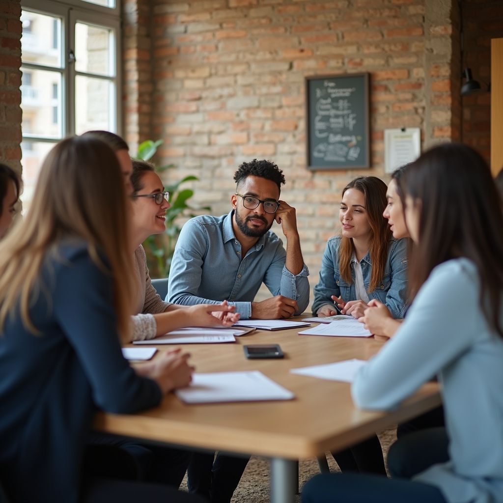 People in a meeting around a table, documents and a phone present. Brick wall background.