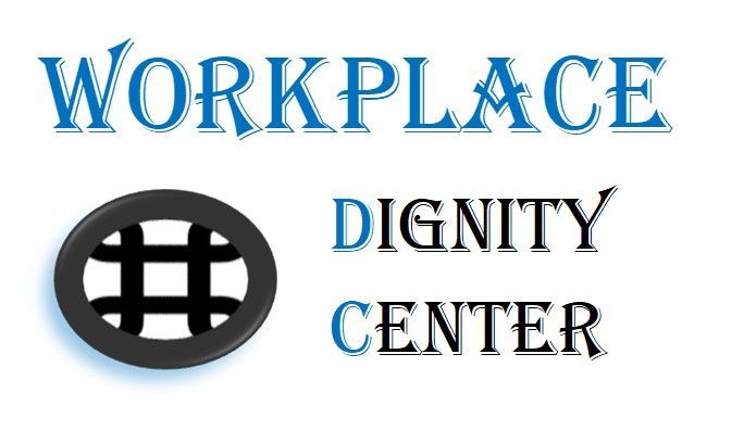 Logo for Workplace Dignity Center: Text in blue and black with a graphic.