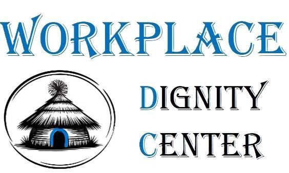Logo for Workplace Dignity Center: Text in blue and black with a graphic.