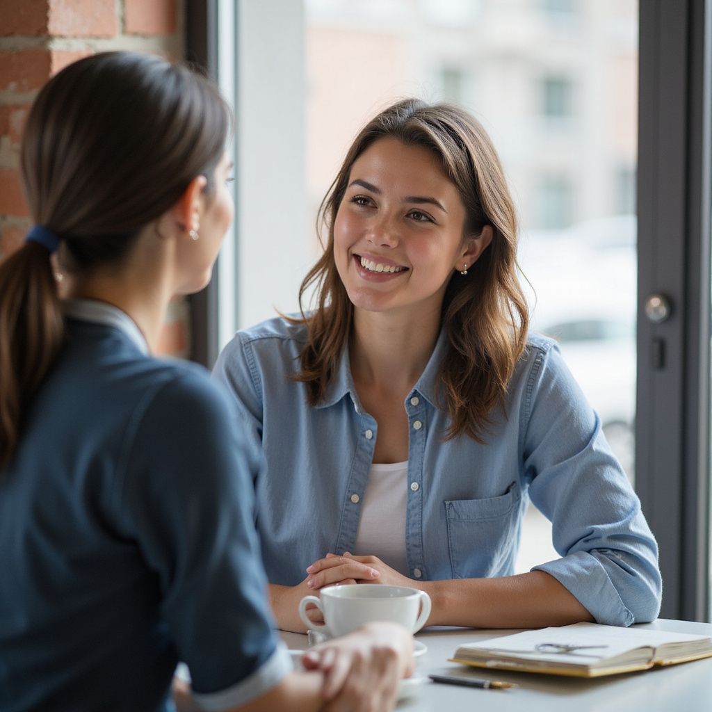 Two women smiling, sitting at a table near a window, talking and drinking coffee.