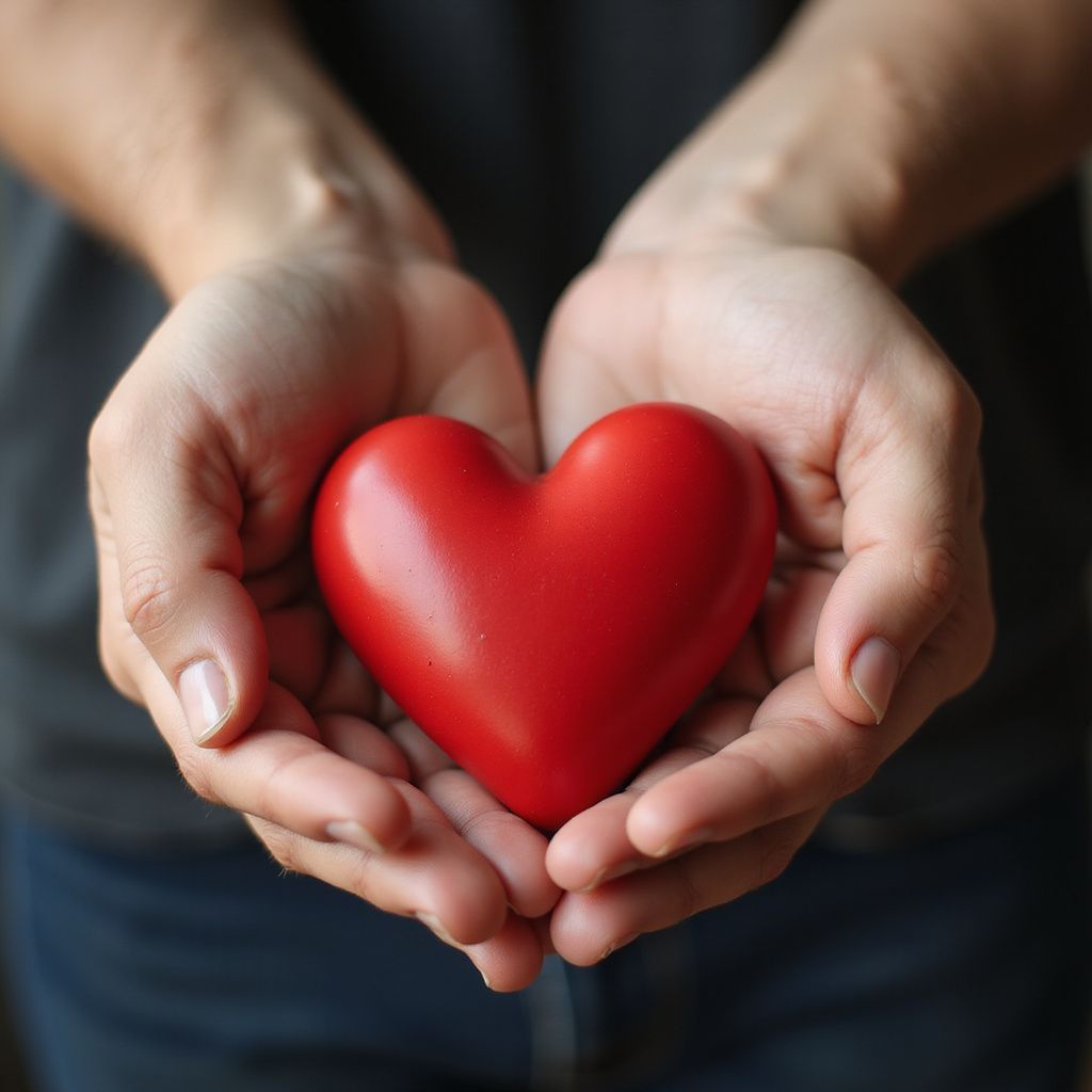 Hands cupped, holding a red heart.