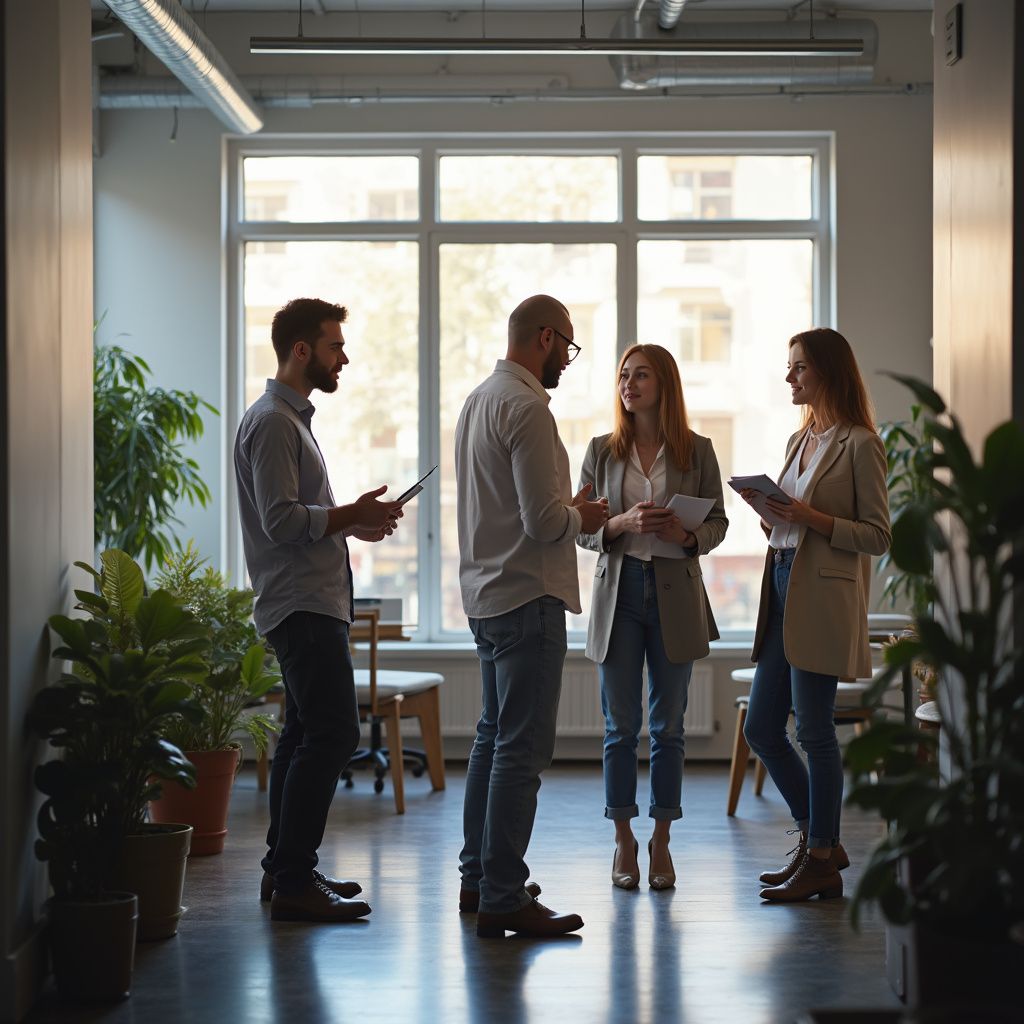 Four colleagues in an office discuss work, standing near a window, with plants in the foreground.