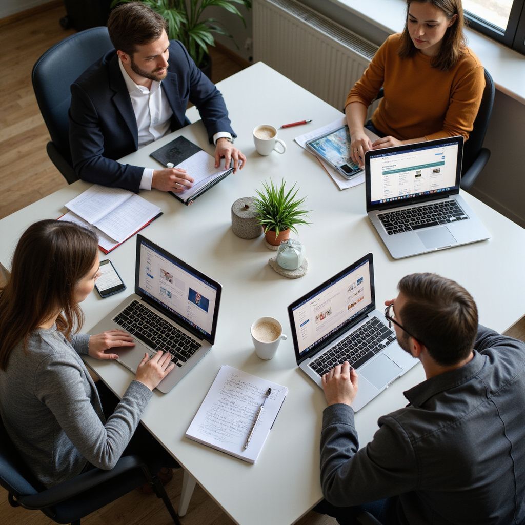 Group of people in business attire meeting around a table, using laptops and discussing work.