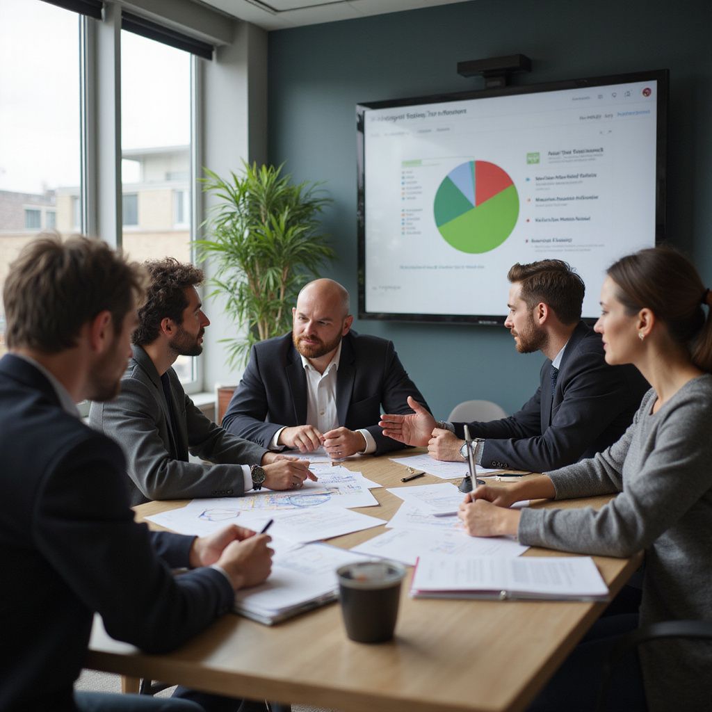 Business team in a meeting around a table, looking at documents and a pie chart on a screen.